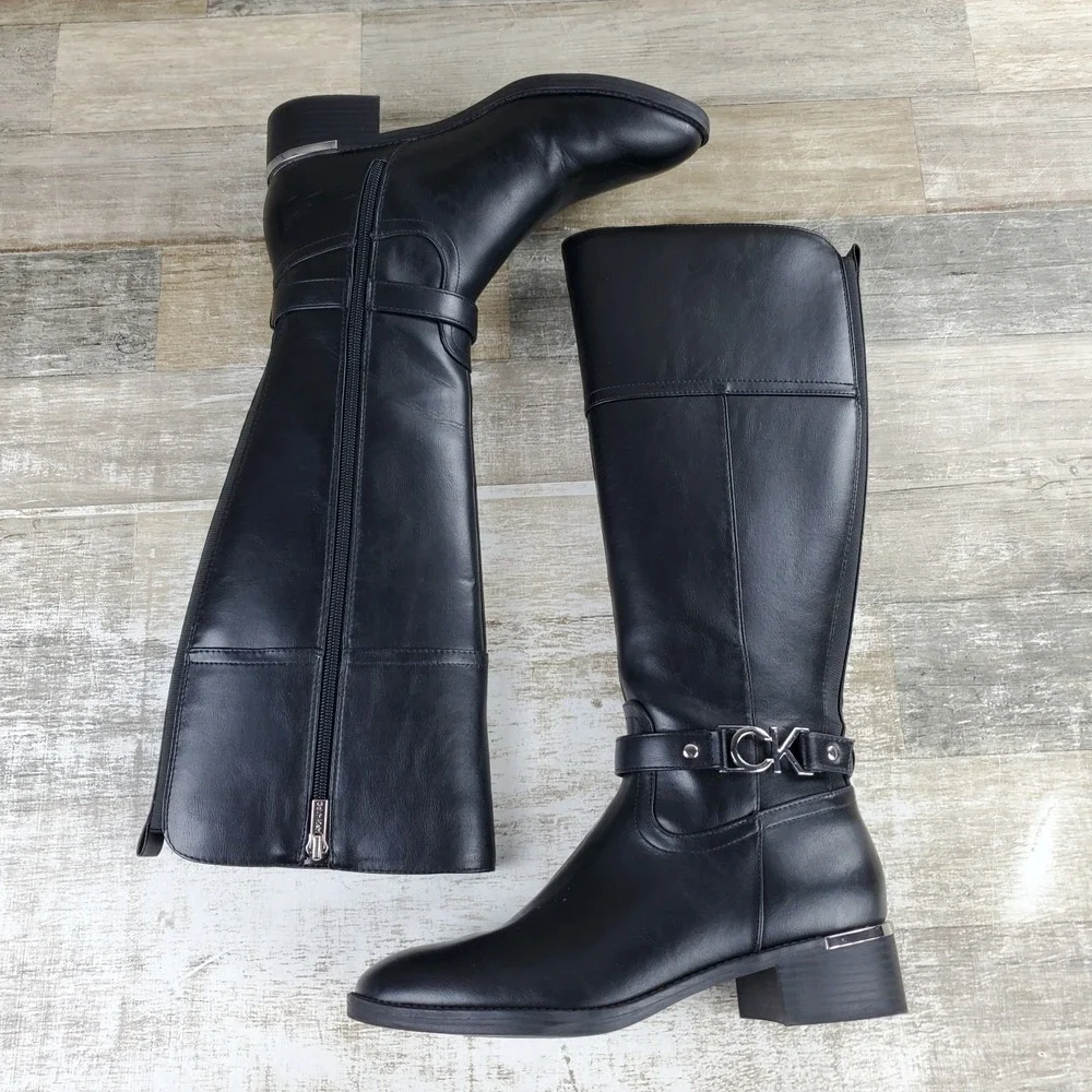 Calvin Klein Daphny Womens Knee-High Boots Sz 8 Black Leather Round Toe Side Zip